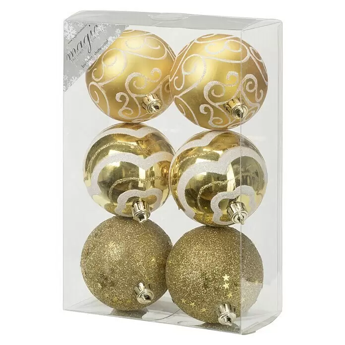 Weihnachtskugeln Gold-Mix - Gold, Kunststoff, 6 Stk. - Set mit 6 goldenen Weihnachtskugeln im Klarsichtkarton. Mit matten, glänzenden und glitzernden Oberflächen und weißen Mustern.