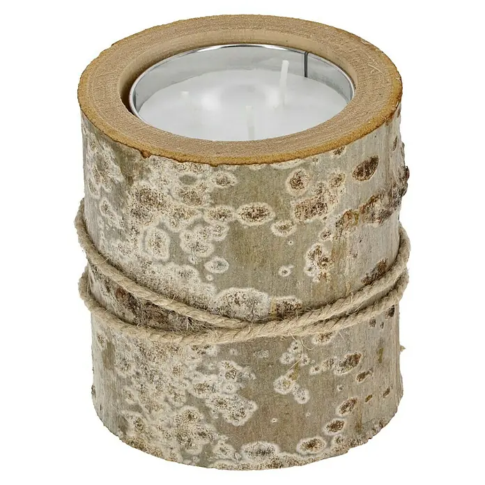 Windlicht mit Kerze - Weiß/Natur, Ø x H: 16 x 16 cm - Rustikaler Kerzenhalter aus Birkenholz mit Teelicht. Ideal für eine gemütliche Atmosphäre.