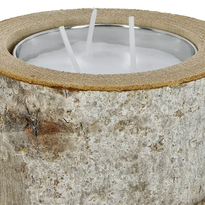 Windlicht mit Kerze - Weiß/Natur, Ø x H: 16 x 11,5 cm - Kerzenhalter aus Birkenrinde mit drei Kerzen. Schafft eine gemütliche Atmosphäre.
