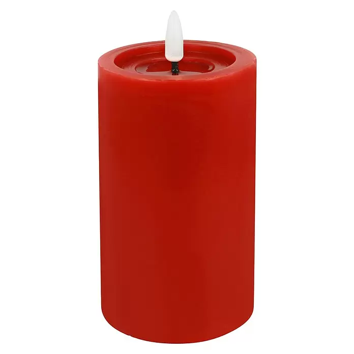 LED-Kerze Shine - Rot, Ø x H: 7,5 x 12,5 cm, Echtwachs - Rote zylindrische LED-Kerze mit weißem flammenförmigem Licht oben.