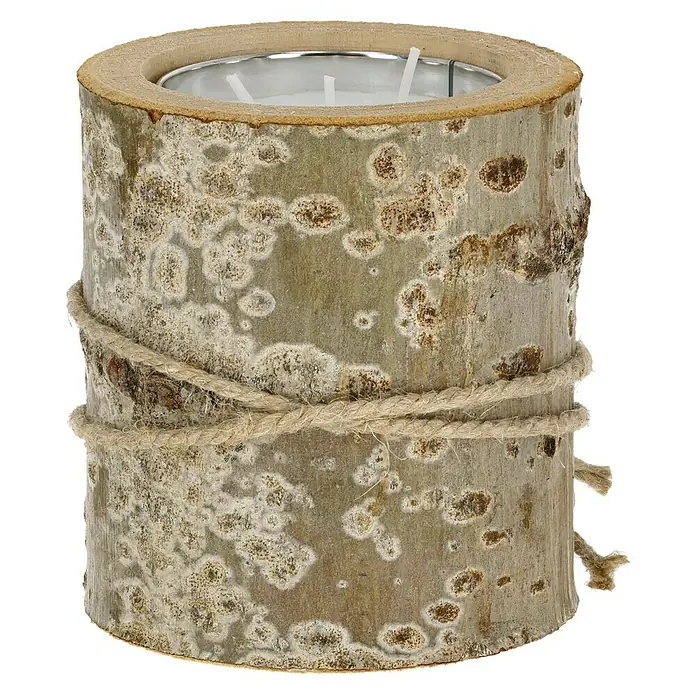 Windlicht mit Kerze - Weiß/Natur, Ø x H: 16 x 16 cm - Rustikaler Kerzenhalter aus Baumrinde mit Teelicht-Einsatz und dekorativer Kordel. Natürliche Dekoration für gemütliche Stunden.