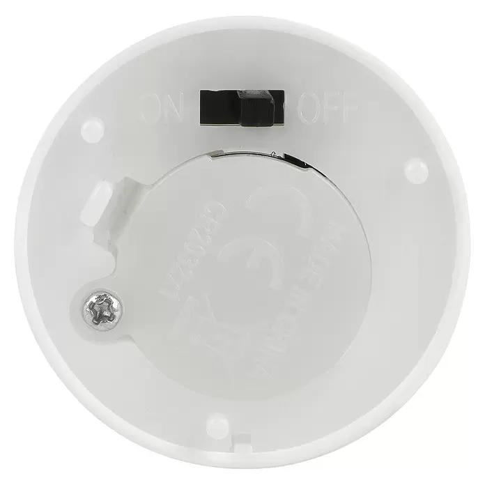 LED-Teelicht - 2 Stk., Durchmesser: 4 cm - Unterseite einer weißen LED-Kerze mit ON/OFF-Schalter, CR2032-Batterie und Schraube.