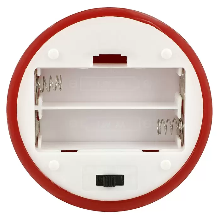 LED-Kerze Shine - Rot, Ø x H: 7,5 x 10 cm, Echtwachs - Unterseite einer rot-weißen LED-Kerze mit leerem Batteriefach für zwei AA-Batterien und einem AN/AUS/TIMER-Schalter.