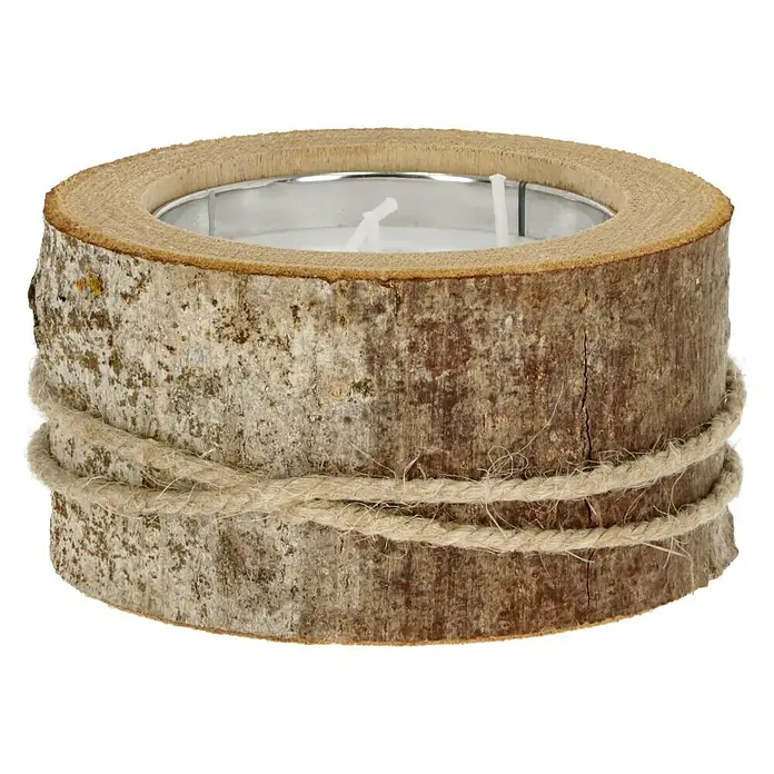 Windlicht mit Kerze - Weiß/Natur, Ø x H: 16 x 8 cm - Rustikaler Kerzenhalter aus Holz mit Juteseil-Verzierung. Das perfekte Accessoire für eine gemütliche Atmosphäre in Ihrem Zuhause.