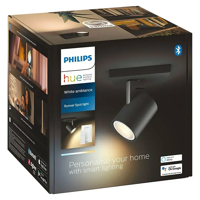 Philips Hue LED-Deckenstrahler White Ambiance Runner - 4,2 W, L x B x H: 9 x 11 x 10,7 cm, Schwarz, Mehrfarbig, 1 Stk. - Verpackung eines Philips Hue White Ambiance Runner Spotlights für die flexible, smarte Beleuchtung im ganzen Haus.