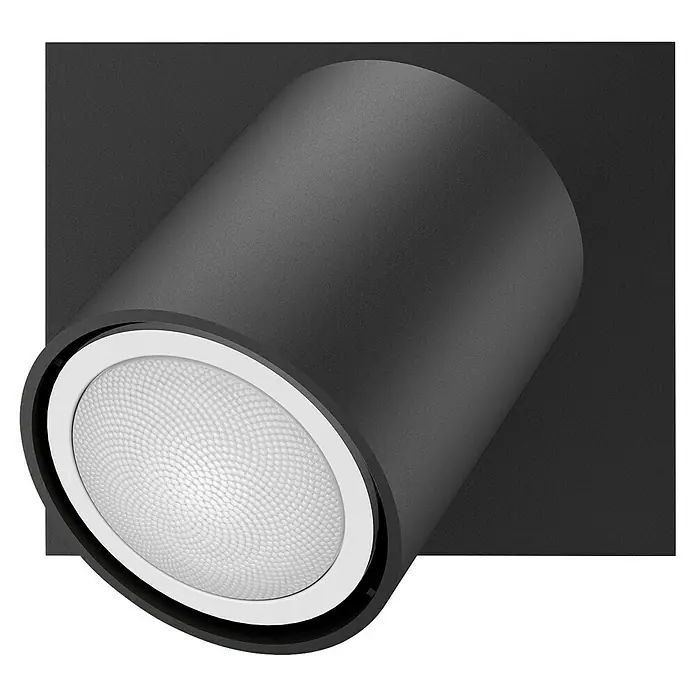 Philips Hue LED-Deckenstrahler White Ambience Runner - 4,2 W, L x B x H: 9 x 11 x 10,7 cm, Schwarz, Mehrfarbig - Nahaufnahme einer schwarzen Deckenleuchte mit weißem Reflektor. Die Leuchte ist zylindrisch und auf einer quadratischen Basis montiert.
