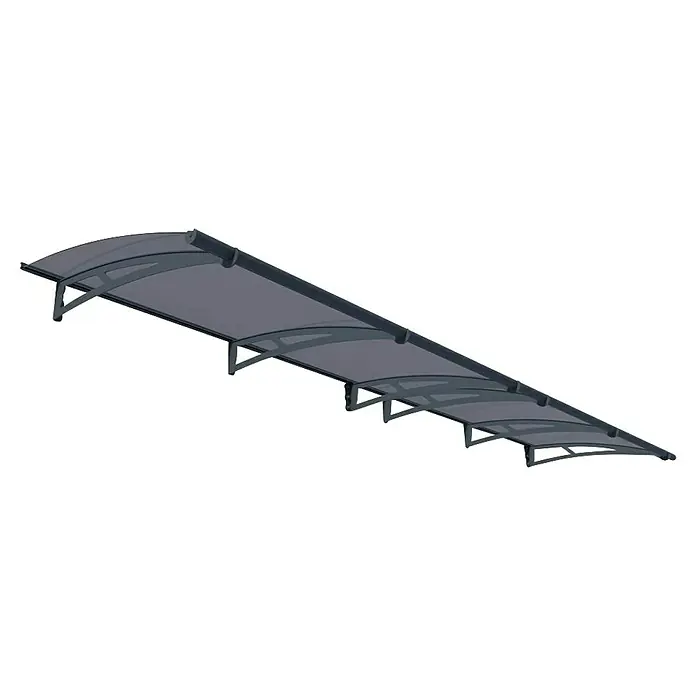 Palram – Canopia Pultvordach Aquila - 412 x 91,5 x 17,5 cm, Anthrazitgrau, Farbe Dach: Solargrau - Eine elegante graue Markise mit Stützen und einem Regenrohr bietet stilvollen Schutz vor Witterungseinflüssen.