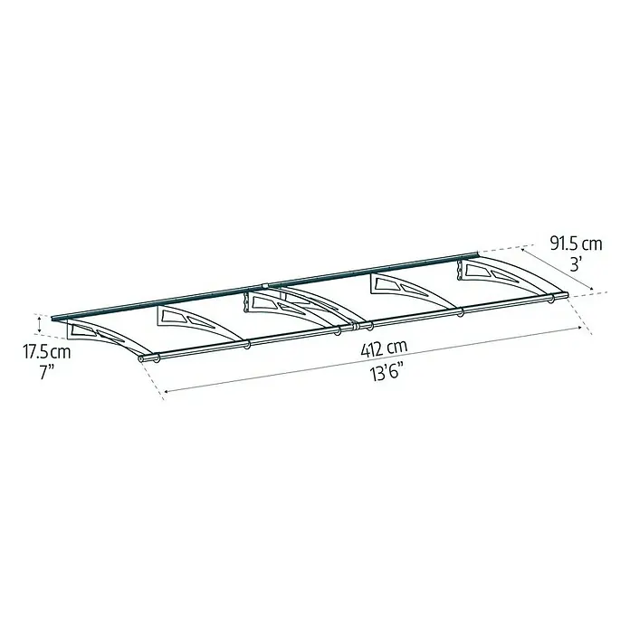 Palram – Canopia Marquesina para puerta Aquila - 412 x 91,5 x 17,5 cm, Antracita, Color del techo: Gris - Dibujo técnico de un toldo de puerta con dimensiones en centímetros y pies.