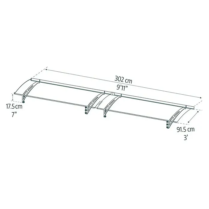 Palram – Canopia Marquesina para puerta Aquila - 302 x 91,5 x 17,5 cm, Antracita, Color del techo: Gris - Imagen del producto de una cubierta de patio transparente con dimensiones de 302 cm de longitud, 91,5 cm de profundidad y 17,5 cm de altura.