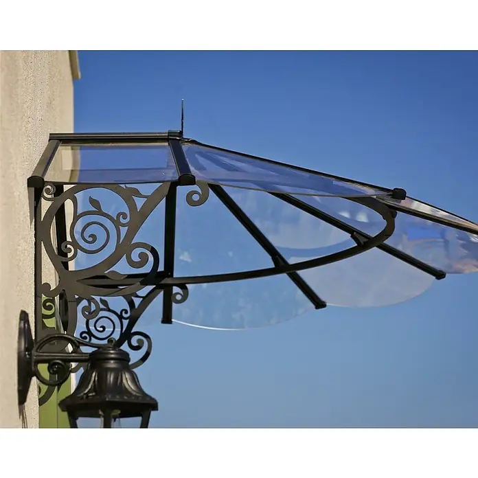 Palram – Canopia Pultvordach - 174,5 x 125 x 80 cm, Schwarz - Eine elegante Türüberdachung mit kunstvollem Metallrahmen und durchsichtigem Dach bietet Schutz und stilvolles Design.