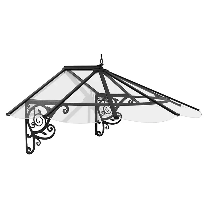 Palram – Canopia Pultvordach - 174,5 x 125 x 80 cm, Schwarz - Dekorativer Vordach aus dunklem Metall und transparenten Paneelen mit verschnörkelten Halterungen und einer Spitze.