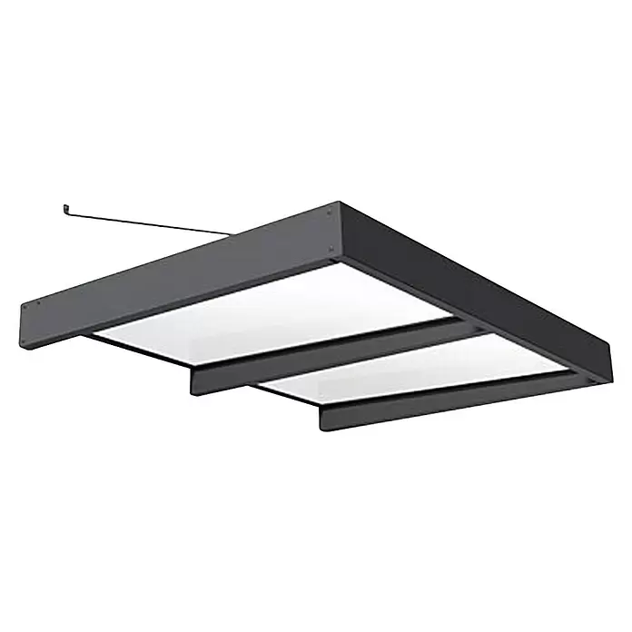 Palram – Canopia Pultvordach Sophia XL - 192 x 140 x 17 cm, Anthrazitgrau, Farbe Dach: Klar - Dunkelgraue rechteckige Hängeleuchte mit zwei weißen Diffusorplatten.