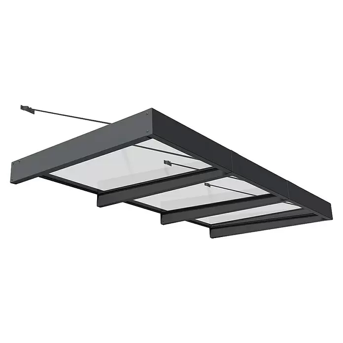 Palram – Canopia Pultvordach Sophia XL - 286 x 140 x 17 cm, Anthrazitgrau, Farbe Dach: Klar - Dunkelgraues Vordach mit klaren Glasplatten und tragendem Rahmen.