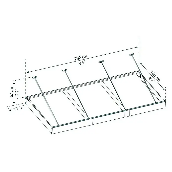 Palram – Canopia Marquesina para puerta Sophia XL - 286 x 140 x 17 cm, Gris antracita, Color del techo: Claro - Dibujo detallado de un marco de cama con medidas en centímetros y pies, que ilustra las dimensiones del producto.