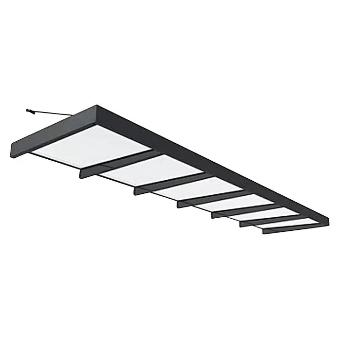 Palram – Canopia Marquesina para puerta Sophia XL - 565 x 140 x 17 cm, Gris antracita, Color del techo: Blanco opal - Lámpara LED lineal gris oscuro suspendida con múltiples paneles de luz blancos rectangulares.