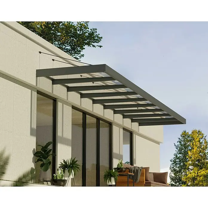 Palram – Canopia Marquesina para puerta Sophia XL - 845 x 140 x 17 cm, Gris antracita, Color del techo: Claro - Cubierta de patio moderna con marcos metálicos grises y un techo transparente, creando un espacio exterior elegante y funcional.