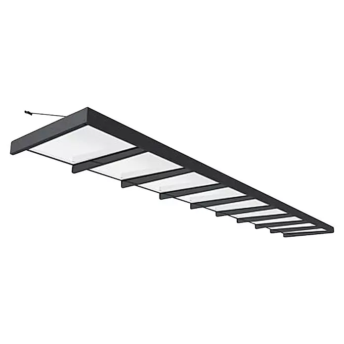 Palram – Canopia Marquesina para puerta Sophia XL - 845 x 140 x 17 cm, Gris antracita, Color del techo: Blanco opal - Lámpara colgante lineal LED negra larga con múltiples difusores blancos rectangulares para iluminación de techo.