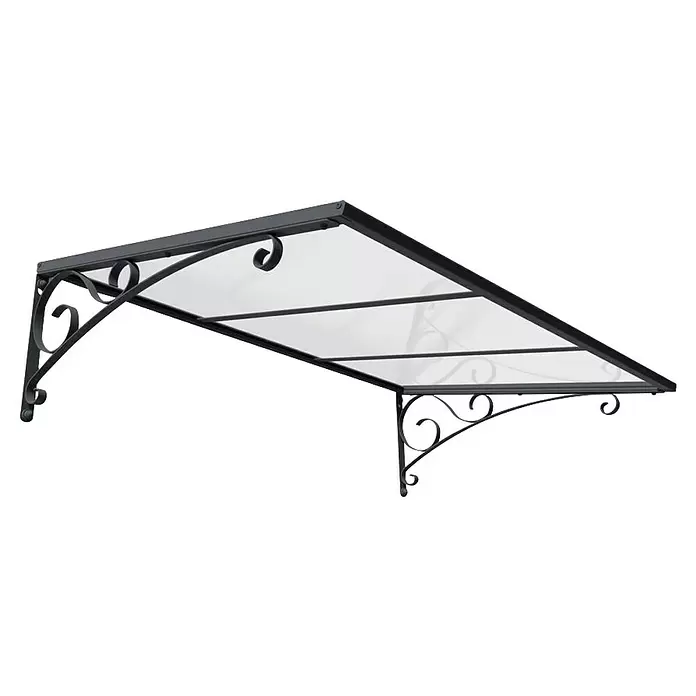 Palram – Canopia Pultvordach Venus - 135,5 x 88 x 35,5 cm, Anthrazitgrau - Schwarzes Metallvordach mit transparenter Platte und dekorativen Halterungen.