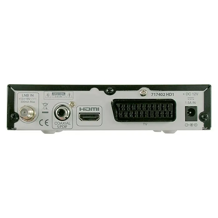 Televés Receptor de satélite - L x An x Al: 11,2 x 15,5 x 3,4 cm, Negro - Vista trasera de un receptor de satélite digital 717402 HD1, con conectores LNB, HDMI, TV y fuente de alimentación.