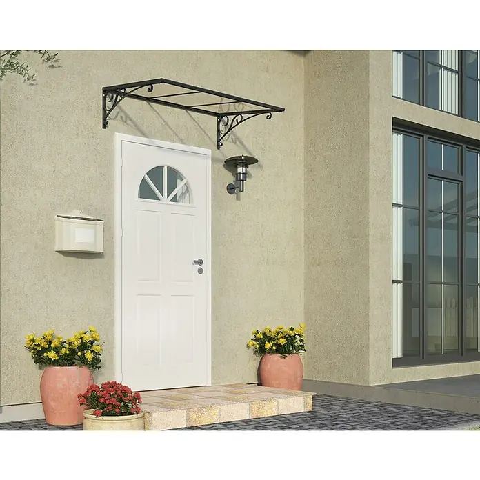 Palram – Canopia Marquesina para puerta Venus - 135,5 x 88 x 35,5 cm, Antracita - Una puerta principal acogedora con dosel y arreglos florales.