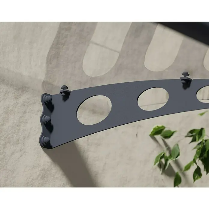 Palram – Canopia Marquesina para puerta Garamond - An x Pr x Al: 135 x 90,5 x 18,5 cm - Primer plano de un soporte gris para toldo de vidrio con detalles decorativos y accesorios de montaje en una pared.