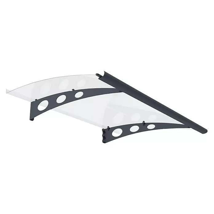 Palram – Canopia Marquesina para puerta Garamond - An x Pr x Al: 135 x 90,5 x 18,5 cm - Toldo de puerta transparente curvado con marco gris oscuro y soportes con recortes circulares.