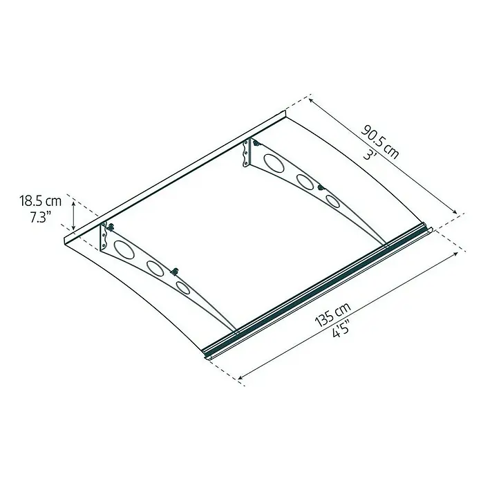 Palram – Canopia Marquesina para puerta Garamond - An x Pr x Al: 135 x 90,5 x 18,5 cm - Ilustración de un toldo con dimensiones para ilustrar el tamaño y los aspectos del diseño.