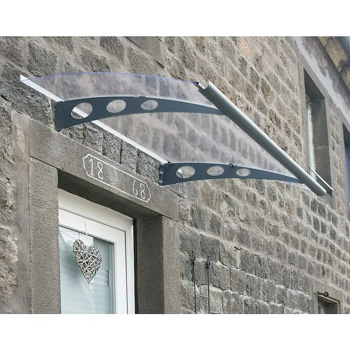 Palram – Canopia Marquesina para puerta Garamond - An x Pr x Al: 135 x 90,5 x 18,5 cm - Marquesina con soporte gris y cubierta transparente sobre una puerta principal.
