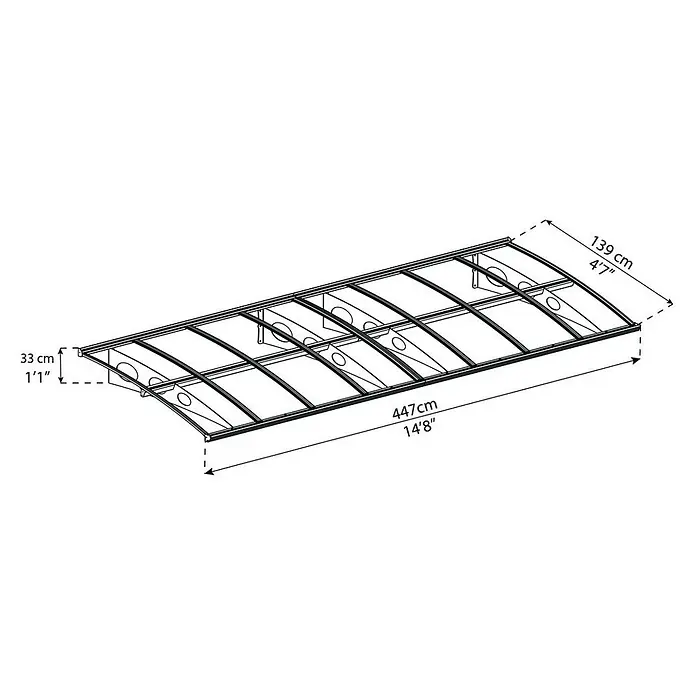 Palram – Canopia Marquesina para puerta Herald - 447 x 139 x 33 cm - Ilustración de una cubierta para patio con dimensiones de 447 cm de largo, 139 cm de ancho y 33 cm de alto, representada como dibujo técnico.