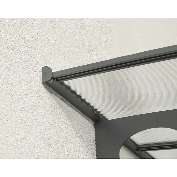 Palram – Canopia Marquesina para puerta Herald - 447 x 139 x 33 cm - Primer plano de un toldo gris moderno para puerta de entrada con techo translúcido. El toldo ofrece protección contra los elementos climáticos.