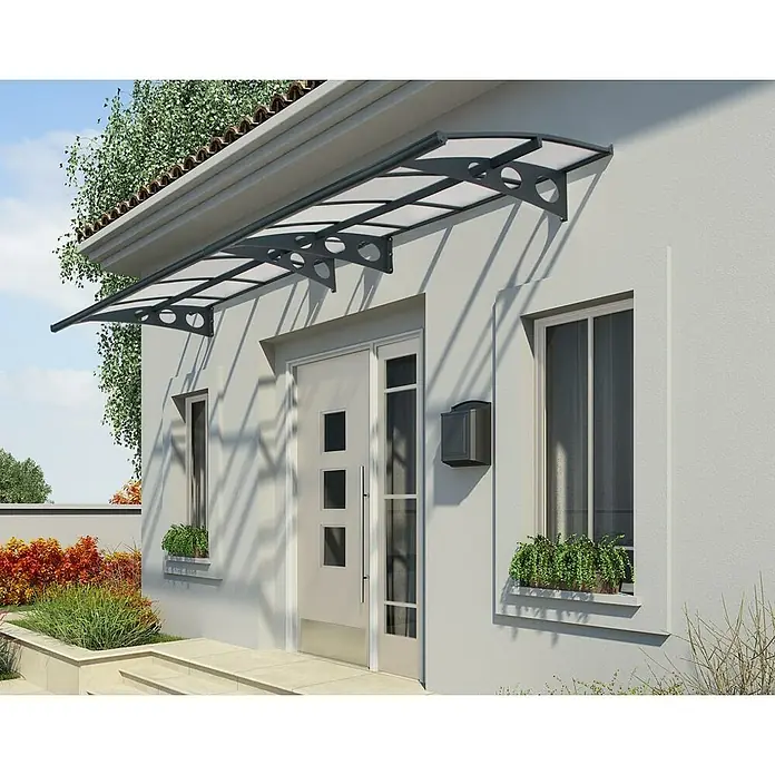 Palram – Canopia Marquesina para puerta Herald - 447 x 139 x 33 cm - Una fachada de casa con un moderno toldo sobre la puerta, que ofrece protección contra el clima.