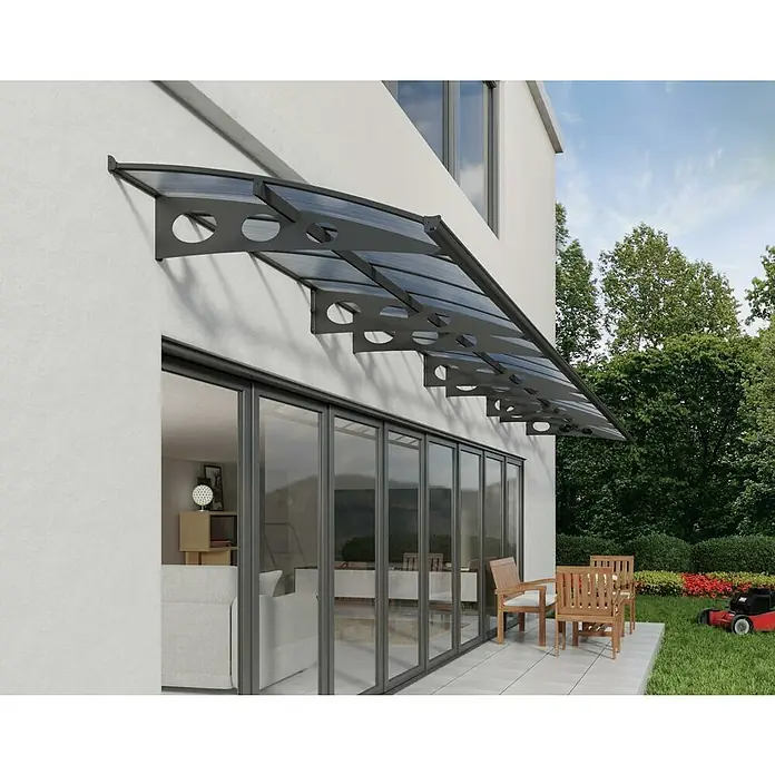 Palram – Canopia Marquesina para puerta Herald - 892 x 139 x 33 cm - Un moderno toldo con marco gris protege la zona de entrada al tiempo que proporciona un diseño elegante.