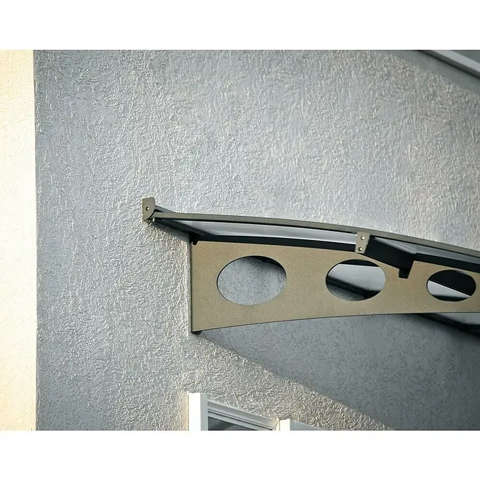 Palram – Canopia Marquesina para puerta Herald - 670,5 x 139 x 33 cm - Primer plano de un toldo de puerta moderno que presenta soportes marrones con recortes redondos, montado en una pared texturizada.