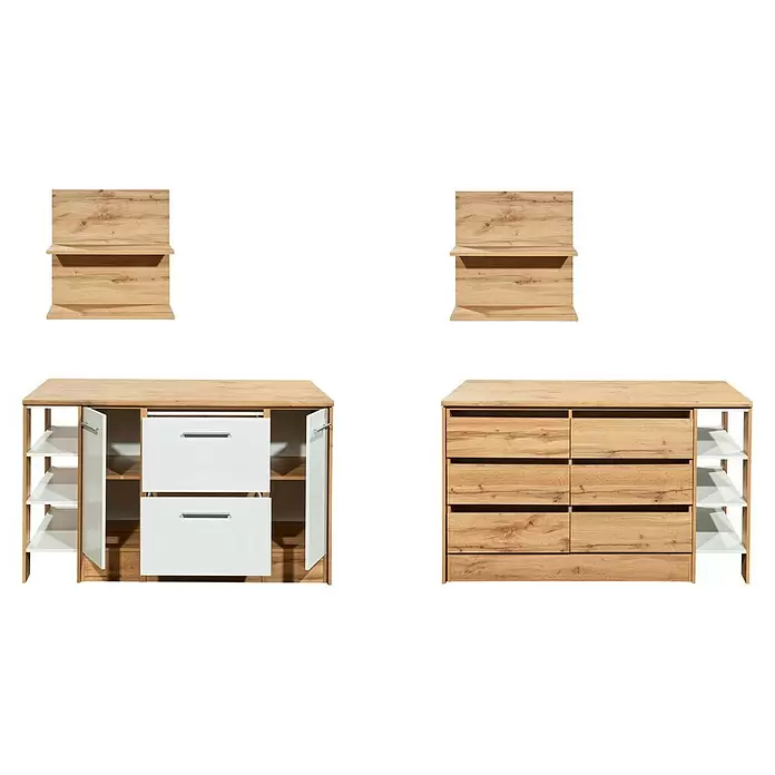 Respekta Inselküche Hilde Insel - Breite: 150 cm, Weiß, Matt, Ohne Elektrogeräte - Helle Holz-Sideboards, teilweise mit weißen Schubladen und Regalen, dazu passende Wandregale.