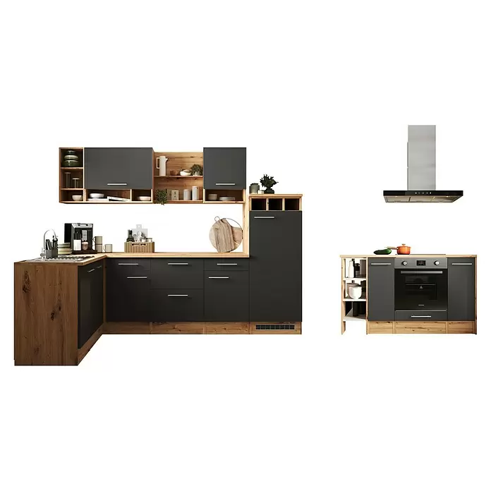 Respekta Inselküche Hilde Typ 1 - Breite: 280 cm, Grau, Matt, Mit Elektrogeräten - Moderne L-Küche mit dunkelgrauen Schränken, hellen Holzplatten, integrierter Spüle, Ofen, Kochfeld und Dunstabzugshaube.