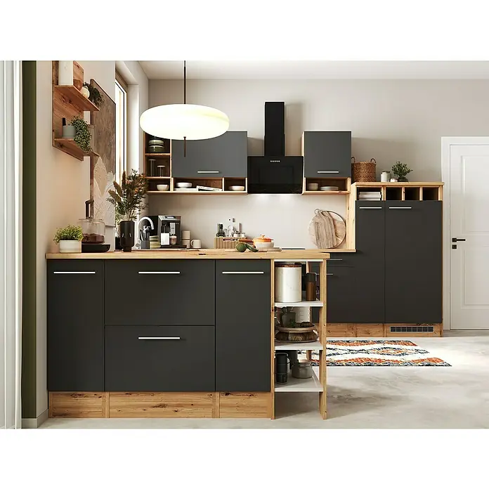 Respekta Inselküche Hilde Typ 2 - Breite: 310 cm, Grau, Matt, Mit Elektrogeräten - Küchenzeile mit anthrazitfarbenen Schränken und Holzarbeitsplatte, inklusive Hängeschrank und Regal. Moderne Kücheneinrichtung für Ihr Zuhause.
