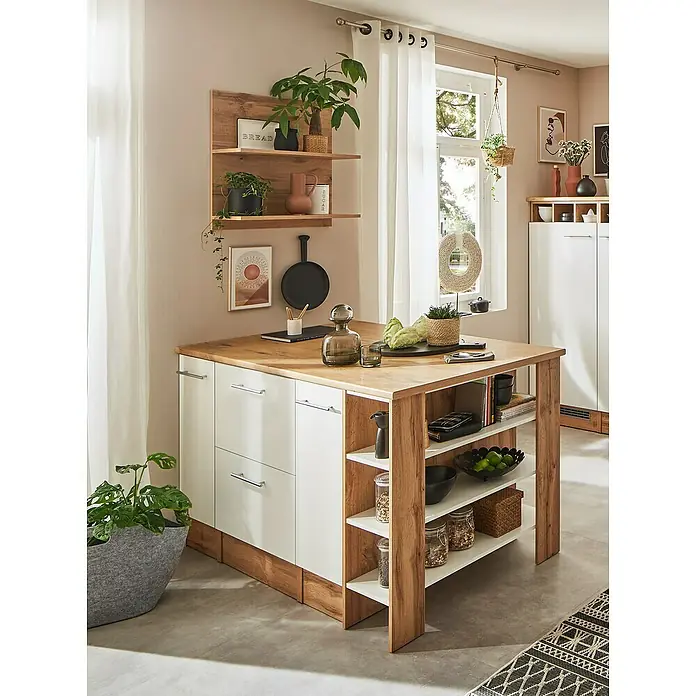 Respekta Inselküche Hilde Insel - Breite: 150 cm, Weiß, Matt, Ohne Elektrogeräte - Kücheninsel mit Holzplatte und weißen Schränken. Die Insel verfügt über offene Regale und eine robuste Holzkonstruktion, ideal für moderne Küchen.