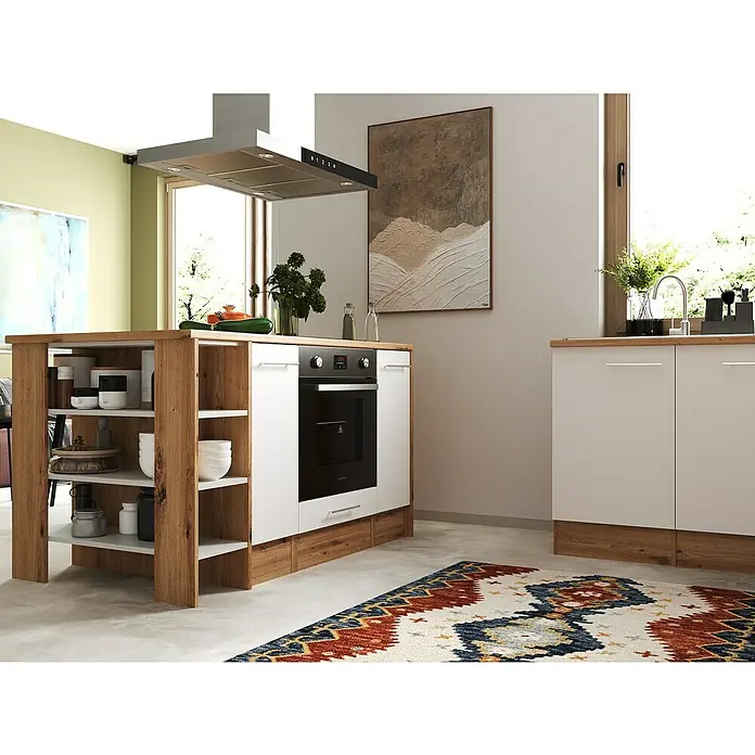 Respekta Inselküche Hilde Typ 1 - Breite: 310 cm, Weiß, Matt, Mit Elektrogeräten - Moderne Küche mit Kochinsel und offenem Regal in Holzoptik. Der Küchenblock verfügt über einen integrierten Ofen und Arbeitsfläche.
