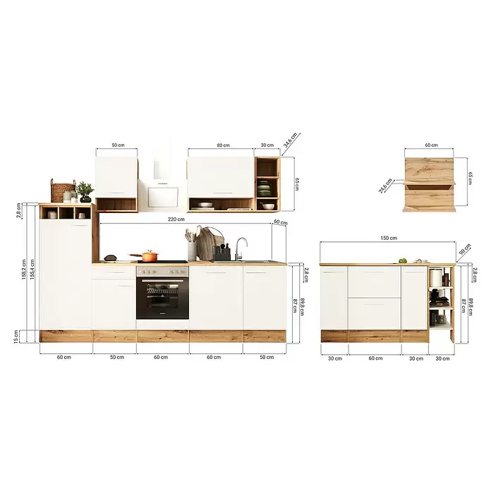 Respekta Inselküche Hilde Typ 2 - Breite: 280 cm, Grau, Mit Elektrogeräten - Moderne modulare Küche mit weißen Fronten und Arbeitsplatten in heller Holzoptik, inklusive Backofen, Spüle und Stauraum.