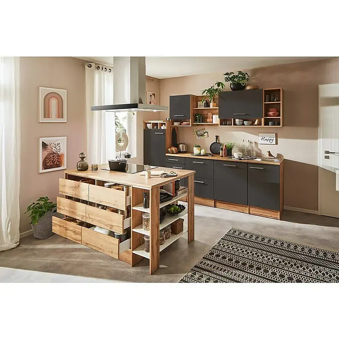 Respekta Inselküche Hilde Typ 1 - Breite: 280 cm, Grau, Mit Elektrogeräten - Einrichtung einer modernen Küche mit Kochinsel, grauen Schränken und Holzelementen. Das Design kombiniert Funktionalität mit stilvoller Ästhetik.