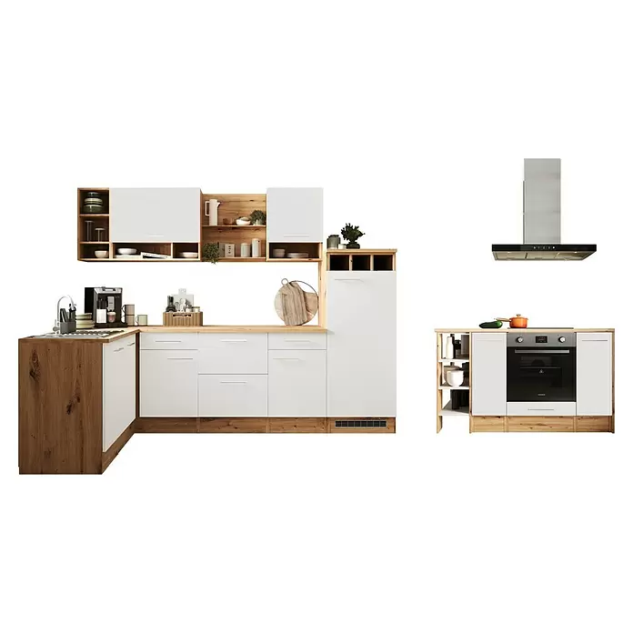 Respekta Inselküche Hilde Typ 1 - Breite: 280 cm, Weiß, Matt, Mit Elektrogeräten - Moderne L-förmige Küche mit weißen Schränken und hellen Holzdetails, Spüle, Kaffeemaschine, Backofen und Dunstabzugshaube.