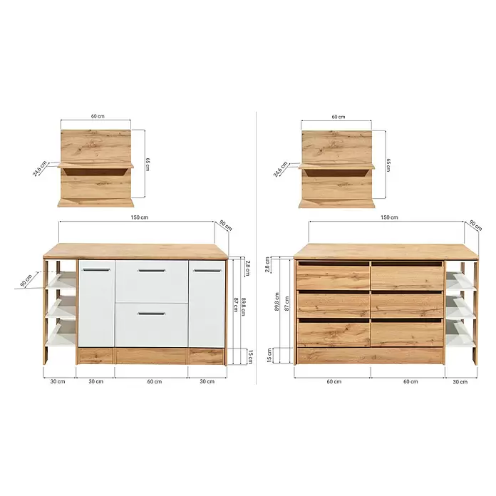 Respekta Inselküche Hilde Insel - Breite: 150 cm, Weiß, Matt, Ohne Elektrogeräte - Zwei Holzkommoden mit offenen Regalen, eine mit weißen Türen und eine mit Schubladen. Passende Wandregale sind dabei.