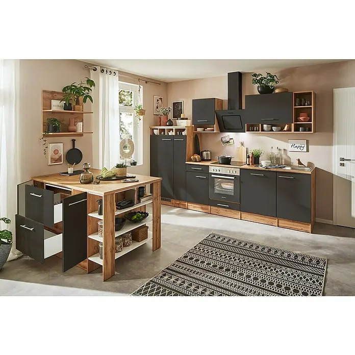 Respekta Inselküche Hilde Typ 2 - Breite: 310 cm, Grau, Mit Elektrogeräten - Moderne Küche mit grauen Schränken, Holzdetails und einer freistehenden Kücheninsel mit offenen Regalen und Schubladen.