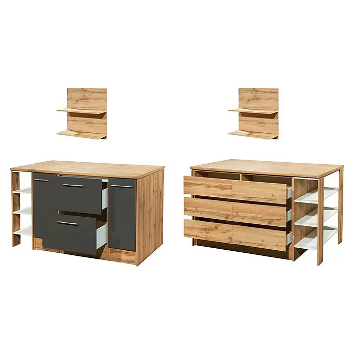 Respekta Inselküche Hilde Insel - Breite: 150 cm, Grau, Matt, Ohne Elektrogeräte - Modulares Schrankset aus heller Holzoptik und Anthrazit mit offenen Regalen und Schubladen, dazu passende Wandregale.