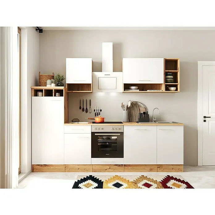 Respekta Inselküche Hilde Typ 2 - Breite: 280 cm, Weiß, Mit Elektrogeräten - Küchenansicht mit modernen weißen Schränken und Holzdetails, die eine stilvolle und funktionale Raumlösung bieten.