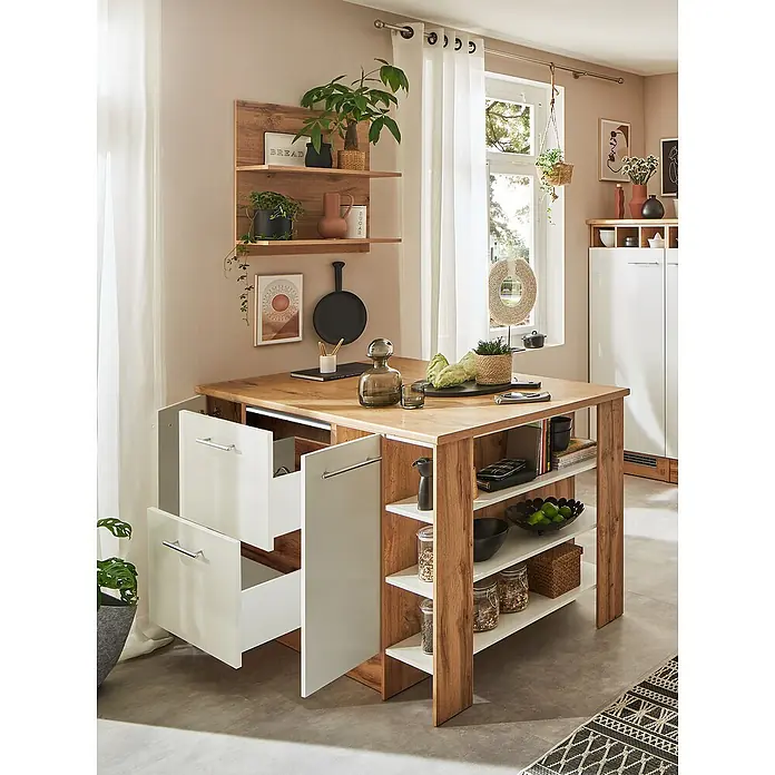 Respekta Inselküche Hilde Insel - Breite: 150 cm, Weiß, Matt, Ohne Elektrogeräte - Kücheninsel mit Schubladen und Regalen. Das Tisch hat eine helle Holzplatte und weiße Akzente an den Schubladen. Praktisches Möbelstück.