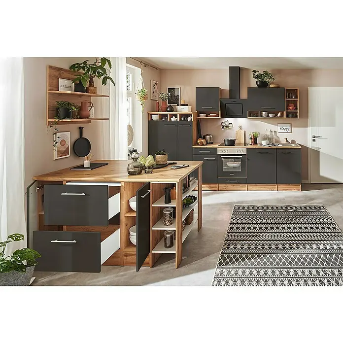 Respekta Inselküche Hilde Typ 2 - Breite: 310 cm, Grau, Mit Elektrogeräten - Kücheninsel mit grauen Schrankfronten und Holzregalen für Geschirr und Vorräte. Ein moderner Akzent für jede Küche.