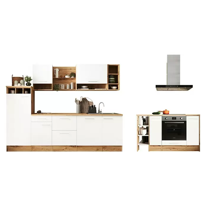 Respekta Inselküche Hilde Typ 1 - Breite: 280 cm, Weiß, Mit Elektrogeräten - Moderne Küchenzeile mit weißen Schränken, Holzdetails, Spüle, Ofen und Dunstabzugshaube.