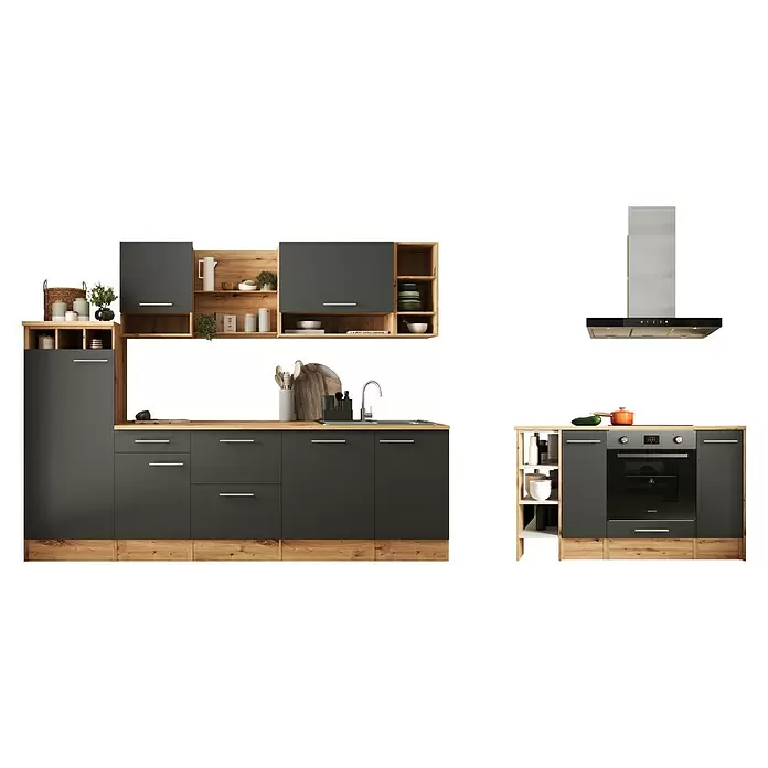 Respekta Inselküche Hilde Typ 1 - Breite: 280 cm, Grau, Mit Elektrogeräten - Moderne dunkelgraue und Holz-Küchenzeile mit Spüle, Ofen und Dunstabzugshaube.