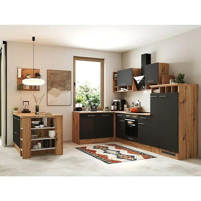 Respekta Inselküche Hilde Typ 2 - Breite: 310 cm, Grau, Matt, Mit Elektrogeräten - Moderne Küche in Holz- und Anthrazit-Optik mit Kochinsel, Regalen und Hängelampe für ein stilvolles und funktionales Küchendesign.